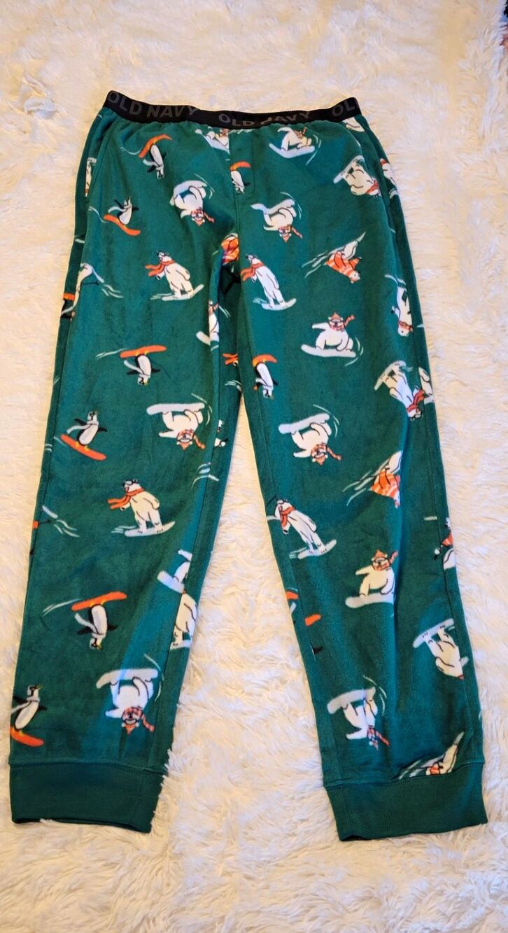 Old Navy Boys Pajama Pant XL 14-16 Green Fleece Ski Bear Graphic Flame Resistant